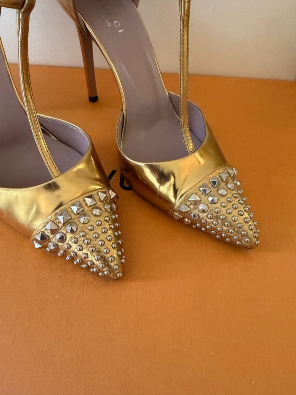 Gucci Metallic Gold Studded Pointed-Toe T‑Strap Stilettos - Picture 2 of 16